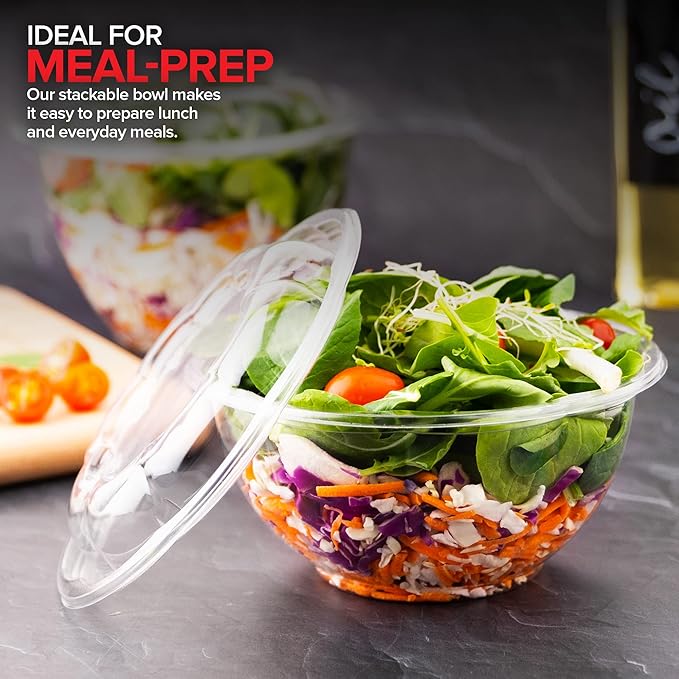 Stock Your Home 32oz Clear Plastic Salad Bowls with Lids Disposable (150 Pack) – Medium Takeout Containers with Snap-On Lids for Salads, Meal Prep, Acai Bowls, Fruit, To-Go Parties