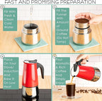 Mixpresso Red 6 Cup Greca Stovetop Espresso Pot 300ml/10oz, Moka Pot with Coffee Percolator Design, Stainless Steel Stove Top Coffee Maker for Camping or Home Use,Italian Stovetop Espresso Maker