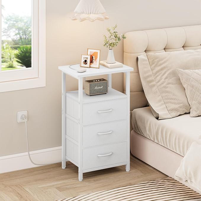 Vagusicc Nightstand with Charging Station, End Table Side Table with 3 Fabric - Image 2