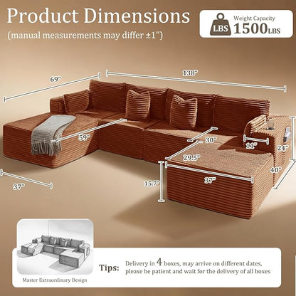 138" Cloud Sectional Couch, Comfort U Shaped Boneless Couch - Image 2