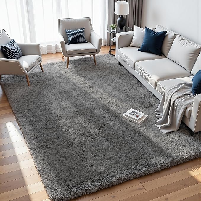 8x10 Fluffy Shag Area Rugs for Living Room Bedroom: Soft Carpet Light Gray | - Image 3