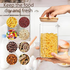 Square Glass Jars Canister with Wood Lid 50 FL OZ [Set of 3], Container Jar with Sealing, Lids for Oat Pasta Flour Cereal Rice Sugar Tea Coffee Beans, Best for Kitchen & Pantry