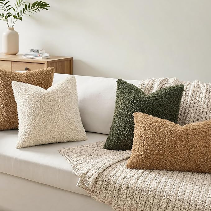 Faux Fur Throw Pillow Covers 20x12 Inch Set of 2 Boucle Neutral Decorative - Image 2