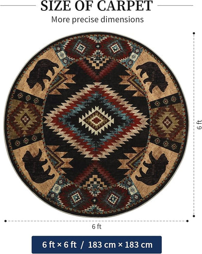 Southwestern Round Rug 6ft, Low Pile Soft Circle Area Rug - Image 2