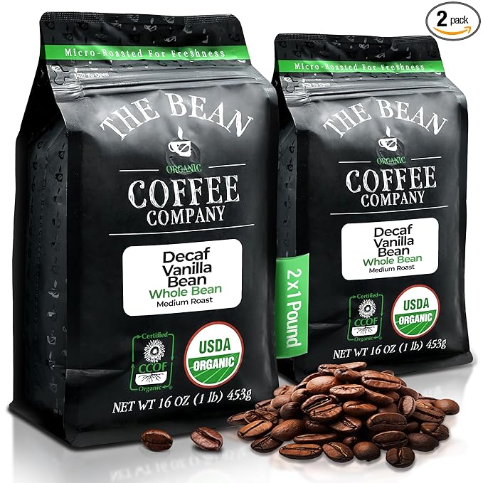 The Bean Organic Coffee Company Water Processed DECAF Vanilla Bean, Medium Roast, Whole Bean Coffee, 16-Ounce Bags (Pack of 2)