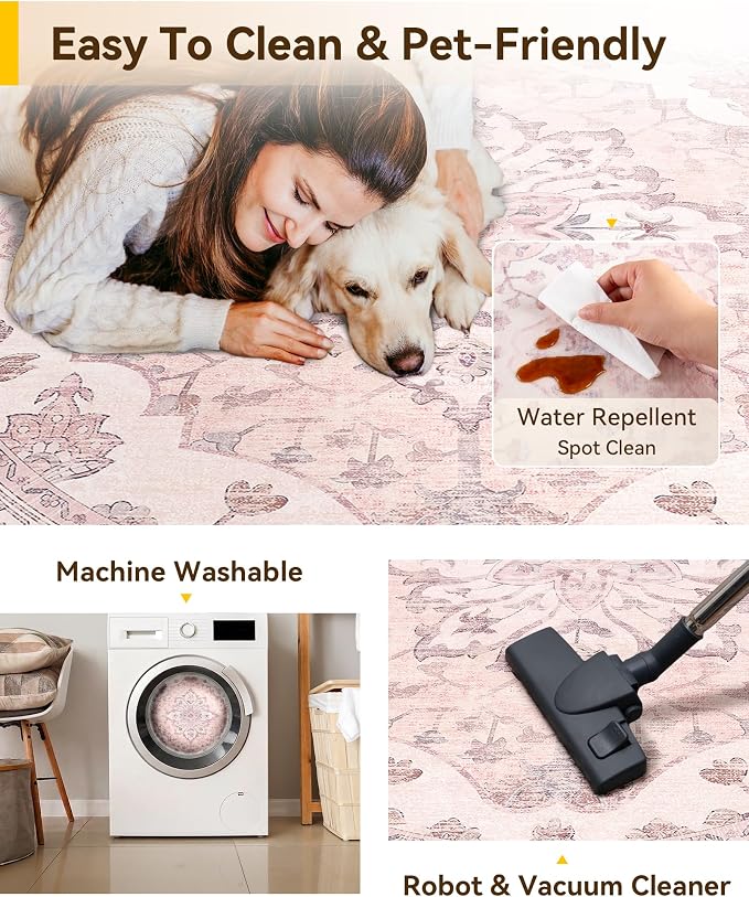 RELEANY Washable Area Rug, Round 6ft, Water Repellent, Pet Friendly, Vintage - Image 5