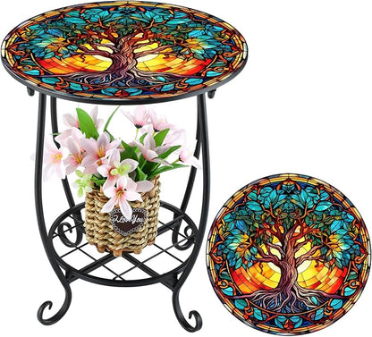 Cinnvoice Outdoor Side Table Round Small Mosaic Patio Accent Indoor End Plant by Cinnvoice