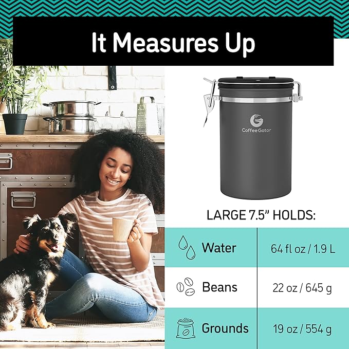 Coffee Gator Coffee Canister, 22oz Airtight Stainless Steel Kitchen Food Storage Container with Date-Tracker, CO2-Release Valve and Scoop for Beans, Grounds, Sugar, Cookies Jars, Tea, Cereal - Gray