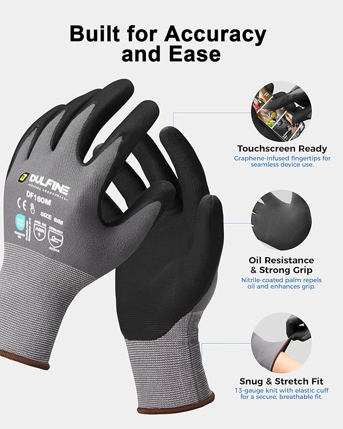 DULFINE Safety Work Gloves MicroFoam Nitrile Coated-24 Pairs Pack,Seamless Knit Nylon Glove with Black Micro-Foam Nitrile Grip,Ideal for General Purpose,Automotive,Home Improvement,Painting(Medium)