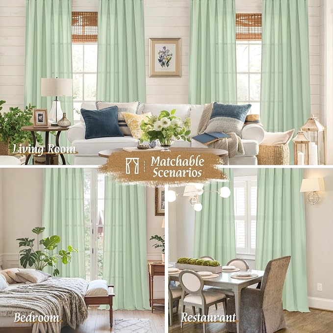 Light Green Linen Window Curtains 63 Inch Length - Image 6