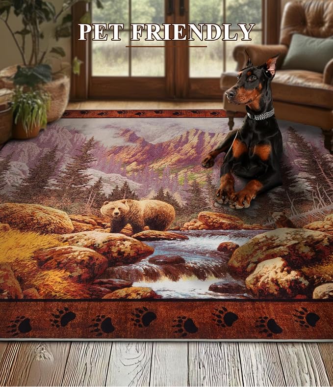 Rustic Cabin Area Rug for Bedroom 5x7, Machine Washable Woodland Bear Rug - Image 5