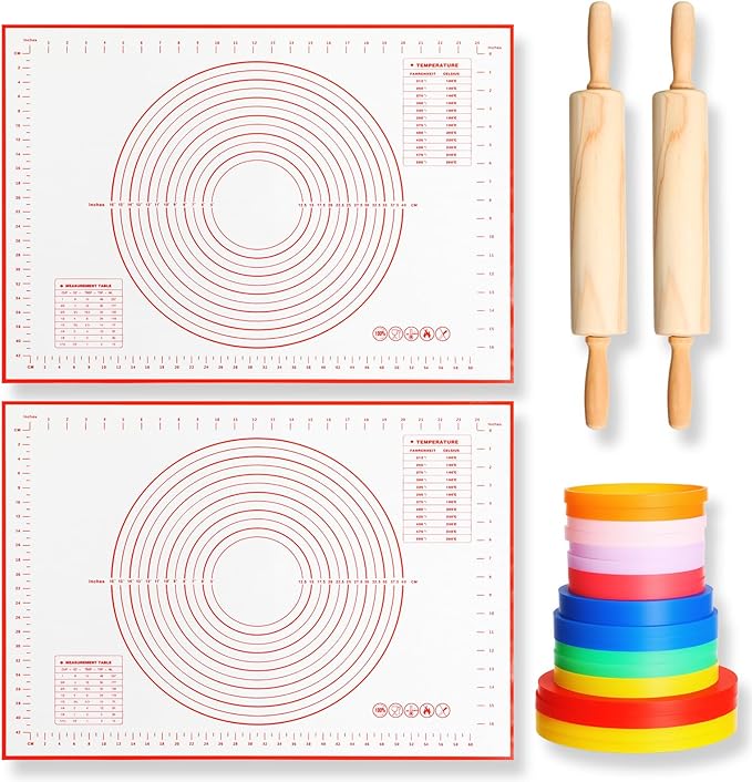 20 Pcs Rolling Pin Set Include 2 Classic Wood Dough Rollers 16 Adjustable Thickness Guide Rings 2 Pastry Mats Non slip Silicone Baking Essentials for Fondant Pasta Bread Pizza Pies Cookies