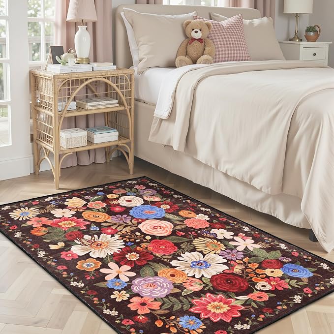 Black Brown Floral Area Rug 4x6 - Image 2
