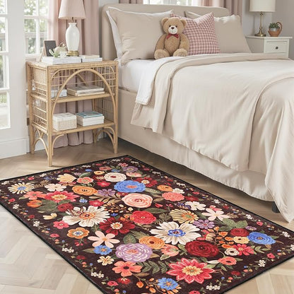 Floral Machine Washable Rug 3x5 Espresso | Non Slip Soft Bedroom Rug by WelcometoBabovid