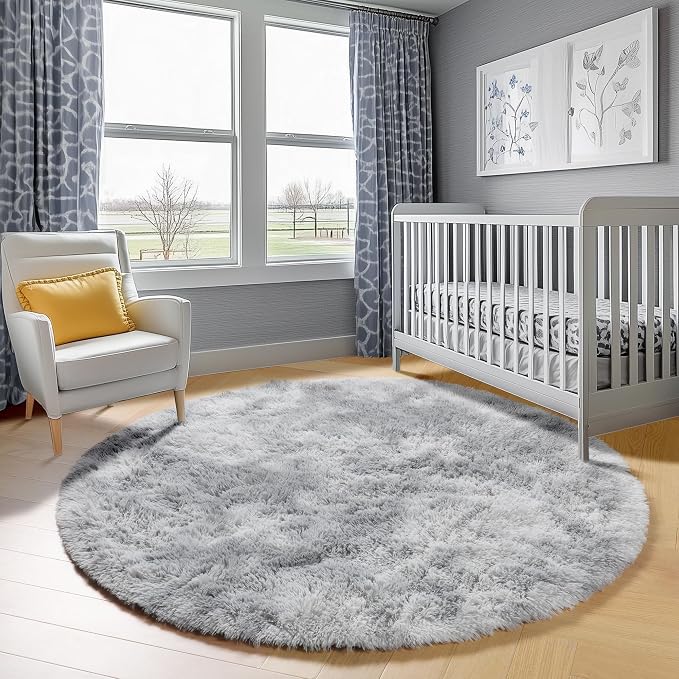 Tie-Dyed Light Grey Round Area Rug 4ft, Ultra Soft Bedroom Circle Rugs - Image 6