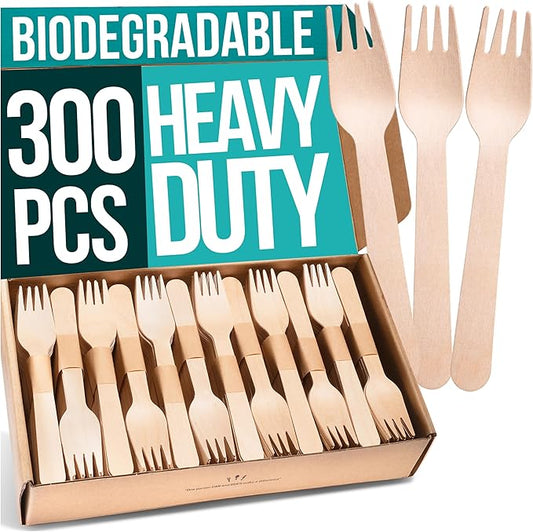 Disposable Wooden Forks For Eating - 300pcs - Heavy Duty & Sharp - Our Guilt-Free FSC Certified Wood Protects Forests - A Great Alternative to Bamboo Forks Disposable