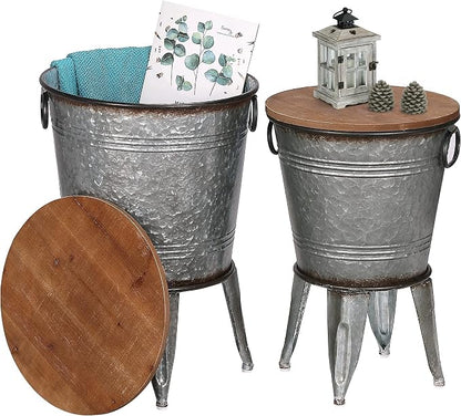 RUSTOWN Farmhouse Side Tables Set of 2, Galvanized Metal Bucket End Table by RUSTOWN