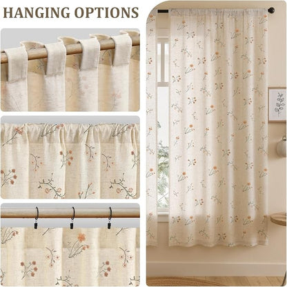 Floral Embroidered Light Filtering Curtains 72 Inch 2 Panels | Linen Blend - Image 5