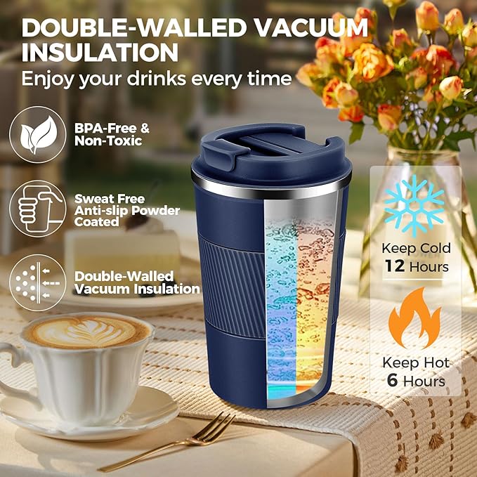 Volhoply 13 oz Stainless Steel Insulated Travel Coffee Mug with Fip Lid,Reusable Double Wall Vacuum Metal Coffee Cup,Portable to Go Leak Proof Cafe Thermal Tumbler for Hot & Cold Drinks(Navy,1)