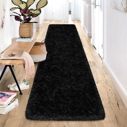 2x10 Bedside Area Rugs for Bedroom Soft Fluffy Shag Black Rug for Hallway - Image 3