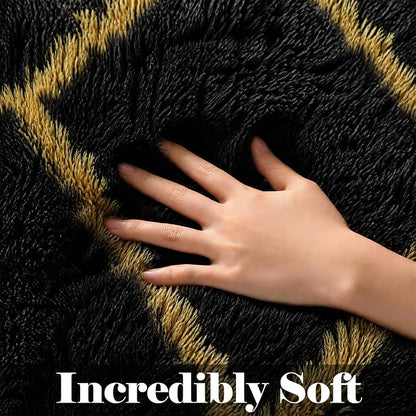 Area Rugs for Living Room, 5x8 Fluffy Black and Gold Bedroom Geometric Rug | - Image 2