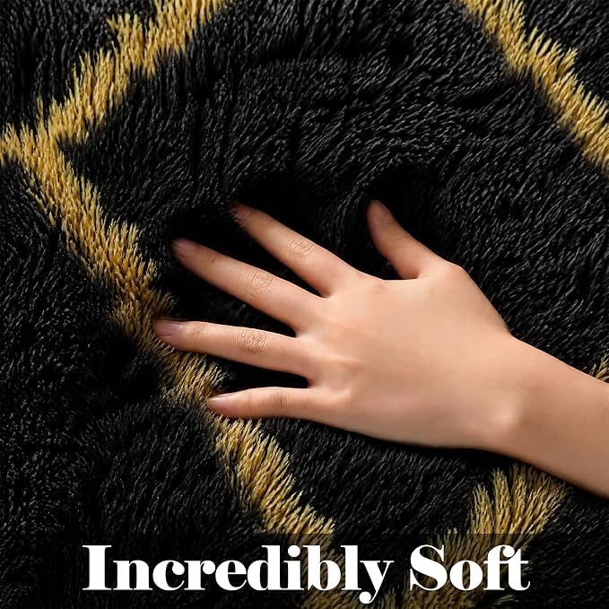 6x9 Area Rugs for Living Room Bedroom, Fluffy Black and Gold Geometric Rug | - Image 2