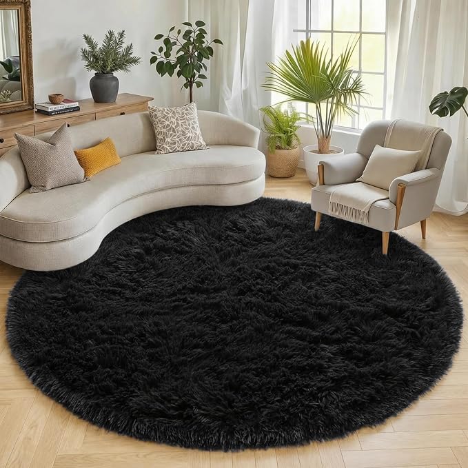 Black Round Rugs 8ft for Living Room, Fluffy Bedroom Circle Area Rug, Soft - Image 5