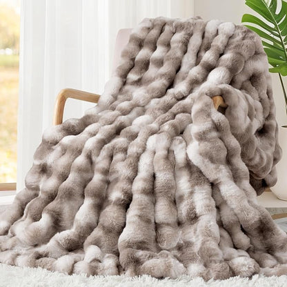 Luxury 1000GSM Faux Rabbit Fur Throw Blanket, Super Heavy Warm Cozy Brown by TOUCHAT