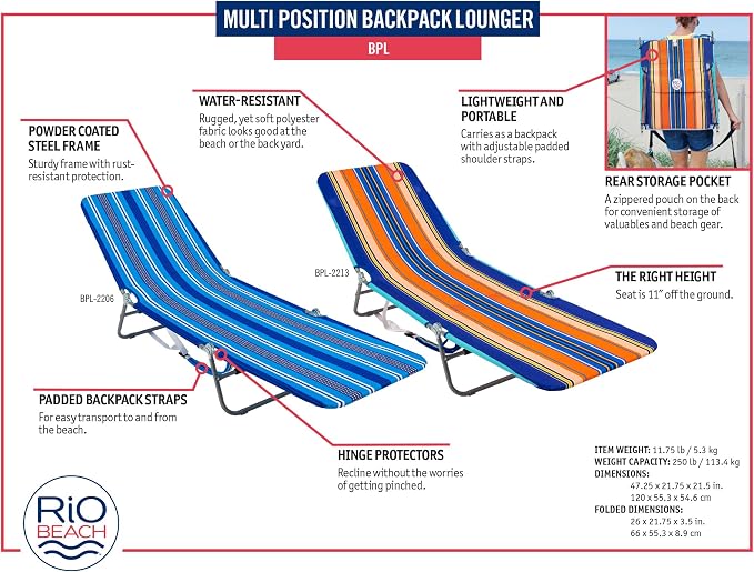 Rio Beach Portable Lay Flat Folding Backpack Beach Lounge Chair - Image 7