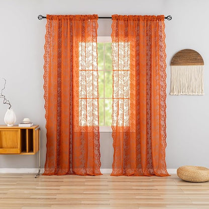 YJ YANJUN Vintage Lace Curtains 96 Inches Long- Rust Floral Terracotta Bay - Image 2