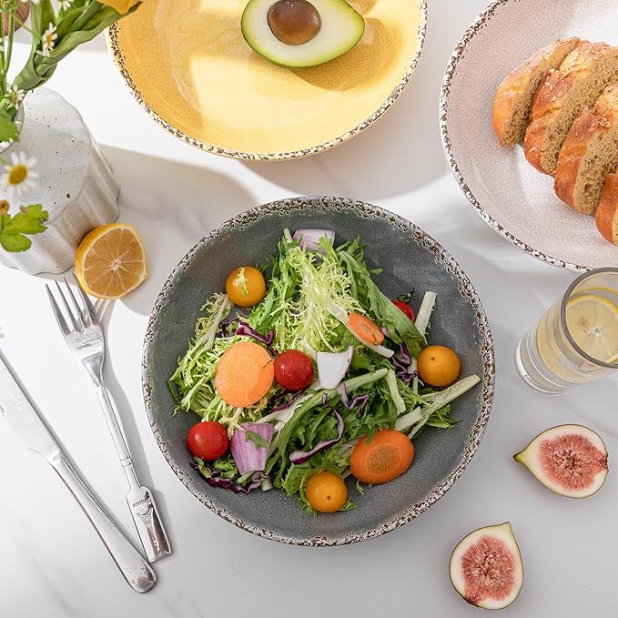 Melamine Pasta Bowls Set,6 Piece 9.25 inch Vintage Melamine Pasta/Salad/Ramen/Noodle/dinner/Fruit Bowls, Set of 6,Unbreakable Large Shallow Serving Bowls set,Cool Grey…