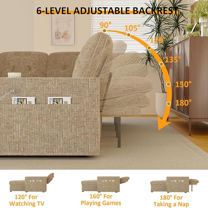 90 Inch Modular Sectional Sleeper Sofa Bed, 4 in 1 Pull Out Couch Bed - Image 4