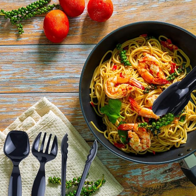 24Pcs Black Plastic Serving Utensils Disposable Serving Spoons Forks Tongs for Party Utensils Supplies for Dinner Parties Buffets Salad Noodles Soup and Weddings (Black)