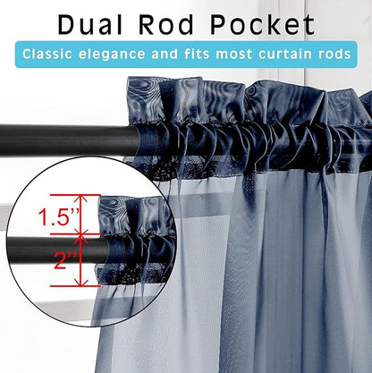 Navy Blue Sheer Curtains 72 Inches Long 2 Panels, Transparent Voile Sheer - Image 2