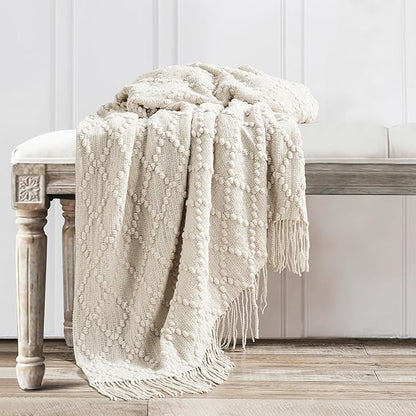 BOURINA Beige Throw Blanket 50 x70 Inches Jacquard Argyle Throw Textured Solid - Image 5