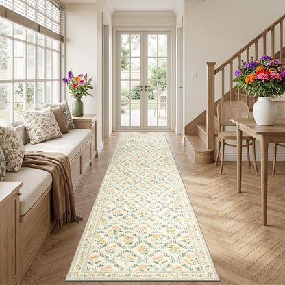 PLHXFR 2.6x14 Washable Runner Rug：Floral Indoor Kitchen Carpet Beige Multi | - Image 3