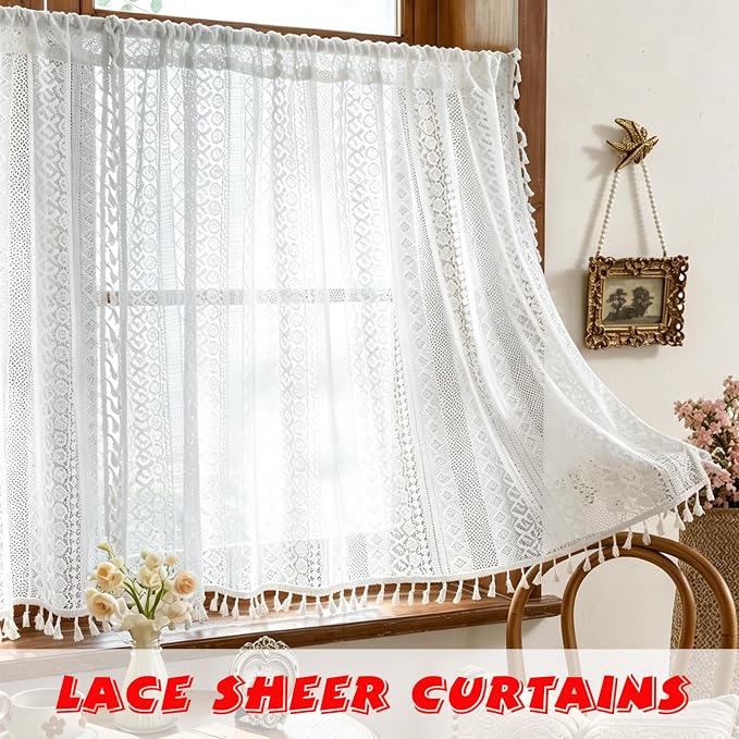 Sutuo Home White Boho Lace Curtains 45 Inches 2 Panels - Image 2