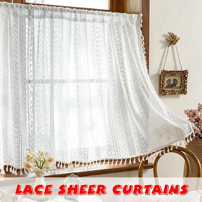 Sutuo Home White Boho Lace Curtains 45 Inches 2 Panels - Image 2