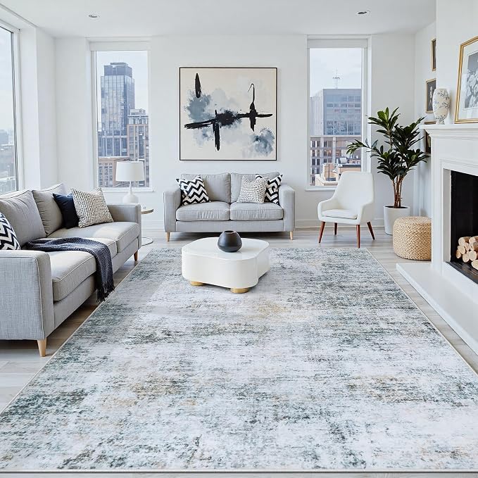 9x12 Washable Area Rug for Living Room Bedroom: Non-Slip Modern Blue Grey | by Oriannal