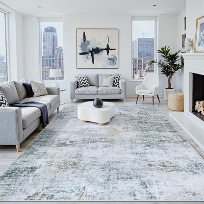 8x10 Washable Area Rug for Living Room Bedroom: Non-Slip Modern Blue Grey | by Oriannal