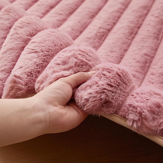 Dusty Rose Rabbit Striped Plush Rug 4'x6', Fluffy Faux Fur Shaggy Area Rug - Image 3