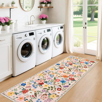 PLHXFR 2x6 Washable Runner Rug：Floral Indoor Kitchen Soft Carpet Beige | - Image 4
