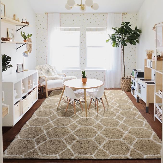 Area Rugs for Living Room, 7x10 Fluffy Beige and White Modern Bedroom Rug | - Image 9