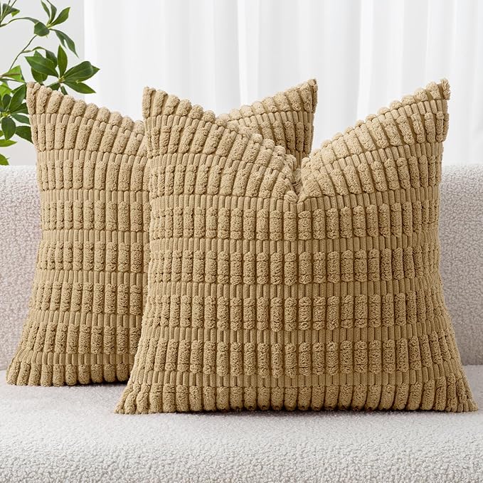 MIULEE Corduroy Decorative Throw Pillow Covers 20x20 Khaki Pack of 2 | Soft by MIULEE