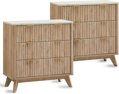 T4TREAM Fluted 3 Drawers Nightstand Set of 2, Oversized Extra Large Modern Side by T4TREAMFurniture