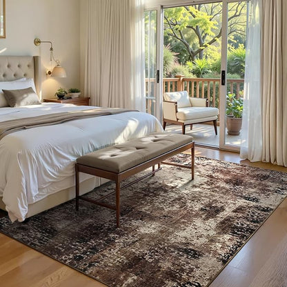 Area Rug 4x6 Brown Rug Washable Boho Rugs Non Slip Low Pile Abstract Coffee - Image 3