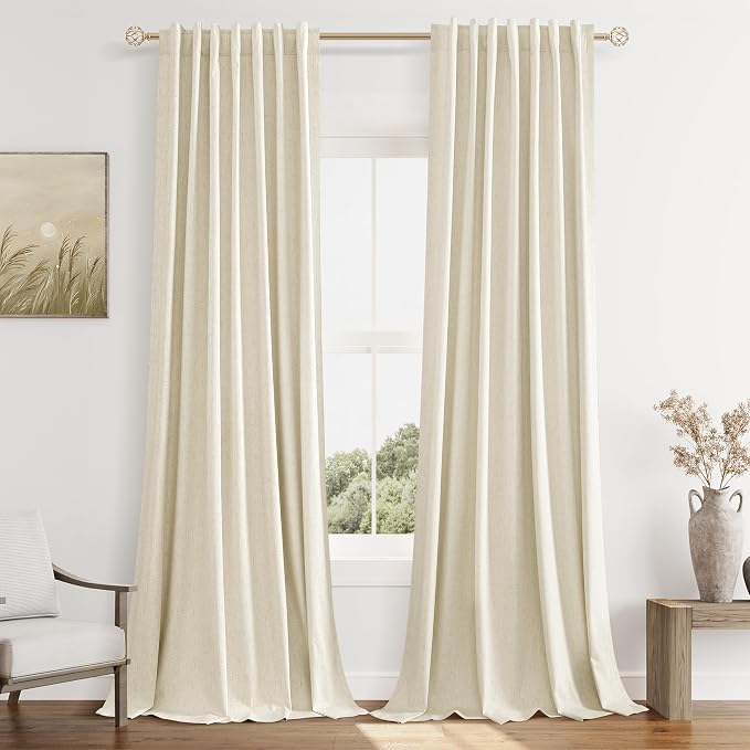 Warm Beige 100% Blackout Linen Curtains 84 Inch Length 2 Panels Set by Guken
