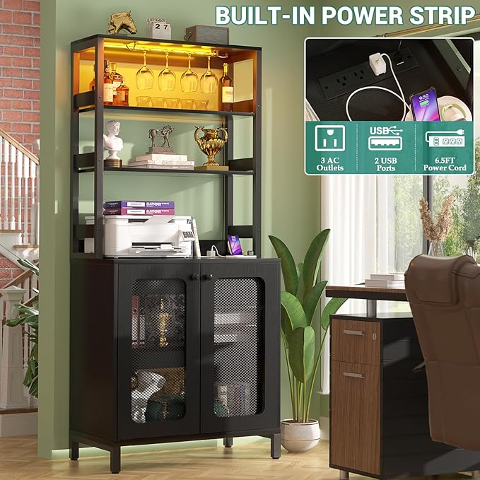 Aheaplus Bar Cabinet with Power Outlets, 67" Tall Wine Bar Cabinet Liquor Cabinets with LED Lights and Glass Holder, Coffee Bars Station for Living Room, Microwave Stand Bakers Rack Cabinets, Black