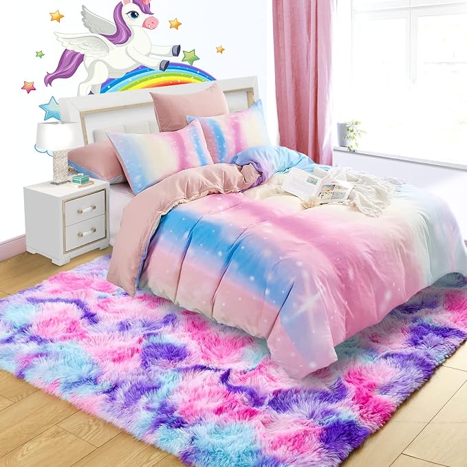 5x7 Tie-Dyed Pink Purple Blue Fluffy Area Rug Non-Slip - Image 3