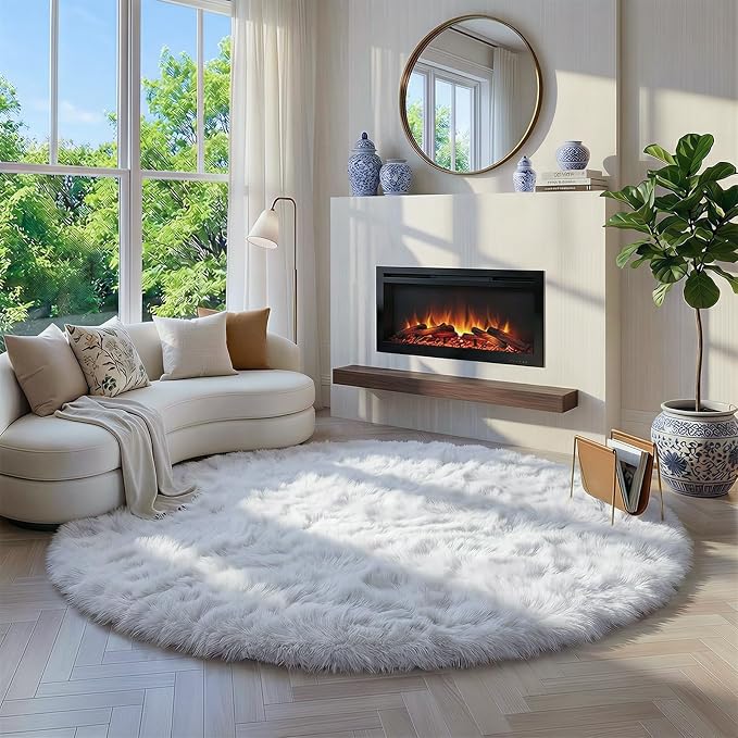 Amdrebio White Fuzzy Round Area Rug 5Ft - Image 7